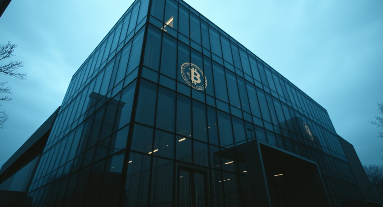 Modern financial building with Bitcoin reflection, symbolizing Swan Bitcoin lawsuit