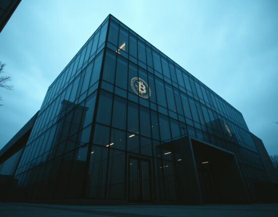 Modern financial building with Bitcoin reflection, symbolizing Swan Bitcoin lawsuit