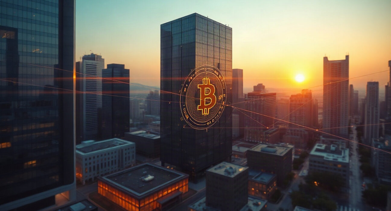 Financial district skyline with digital network overlay symbolizing AI and Bitcoin connection