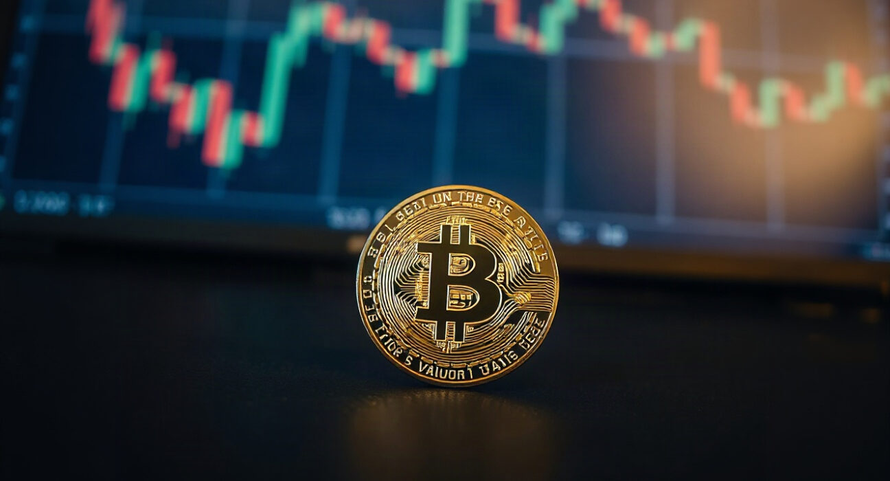 Bitcoin coin on a dark surface with a stock chart in the background, symbolizing market valuation.
