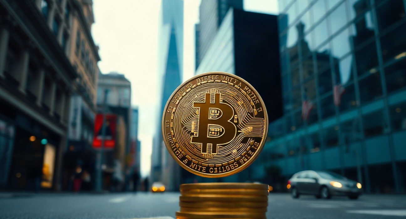 Bitcoin coin in foreground with financial district in background, symbolizing the debate over its value.