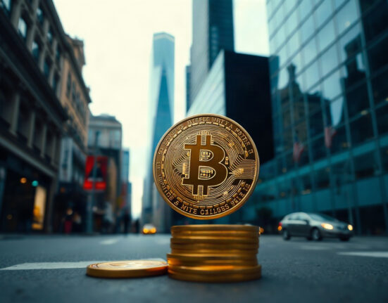 Bitcoin coin in foreground with financial district in background, symbolizing the debate over its value.