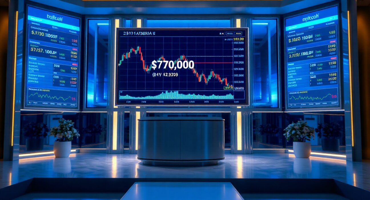 Bitcoin price chart on digital screens in a modern trading floor or news studio, reflecting market uncertainty.