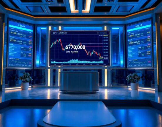 Bitcoin price chart on digital screens in a modern trading floor or news studio, reflecting market uncertainty.