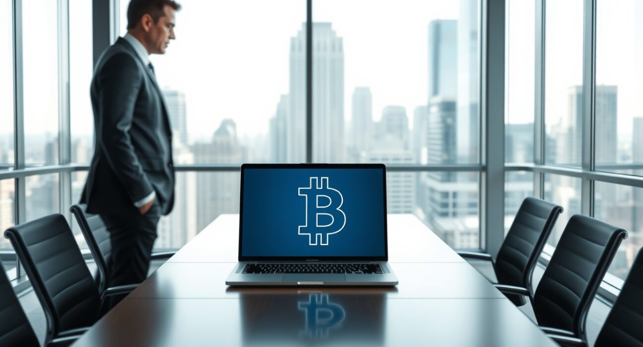 Corporate boardroom with laptop displaying Bitcoin and Tether logos