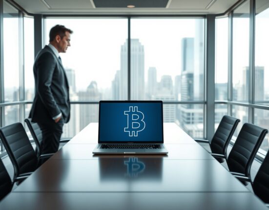 Corporate boardroom with laptop displaying Bitcoin and Tether logos