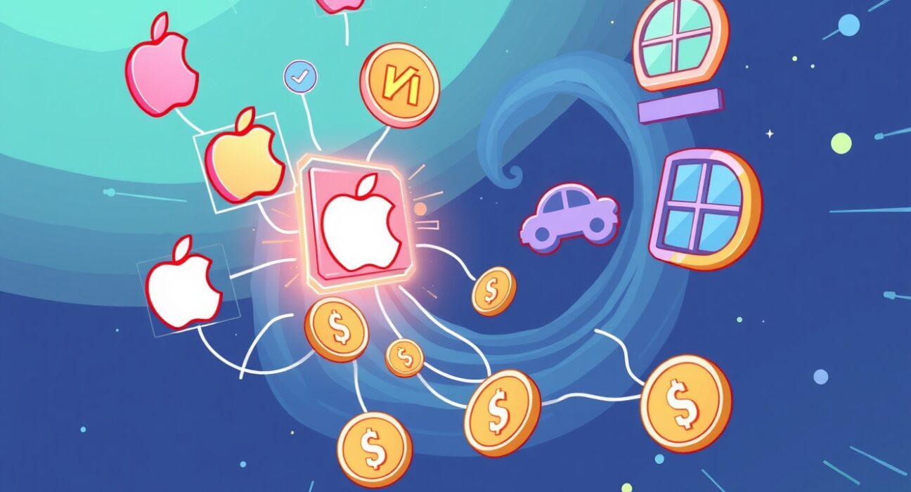 A cartoon illustration showing the innovative trading of tokenized stocks for major companies on a decentralized finance platform.