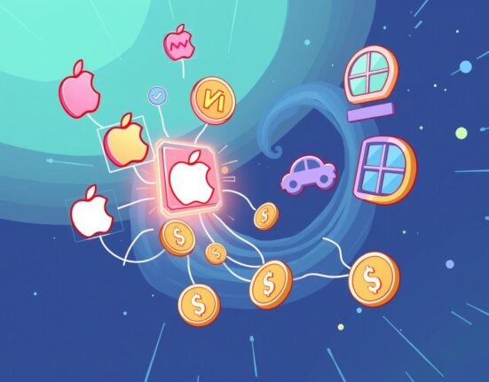 A cartoon illustration showing the innovative trading of tokenized stocks for major companies on a decentralized finance platform.