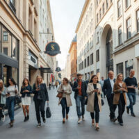 Shoppers walking on a street in Sweden, reflecting consumer sentiment in August.