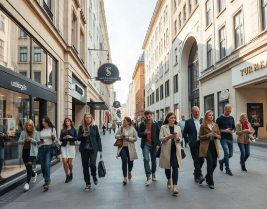 Shoppers walking on a street in Sweden, reflecting consumer sentiment in August.
