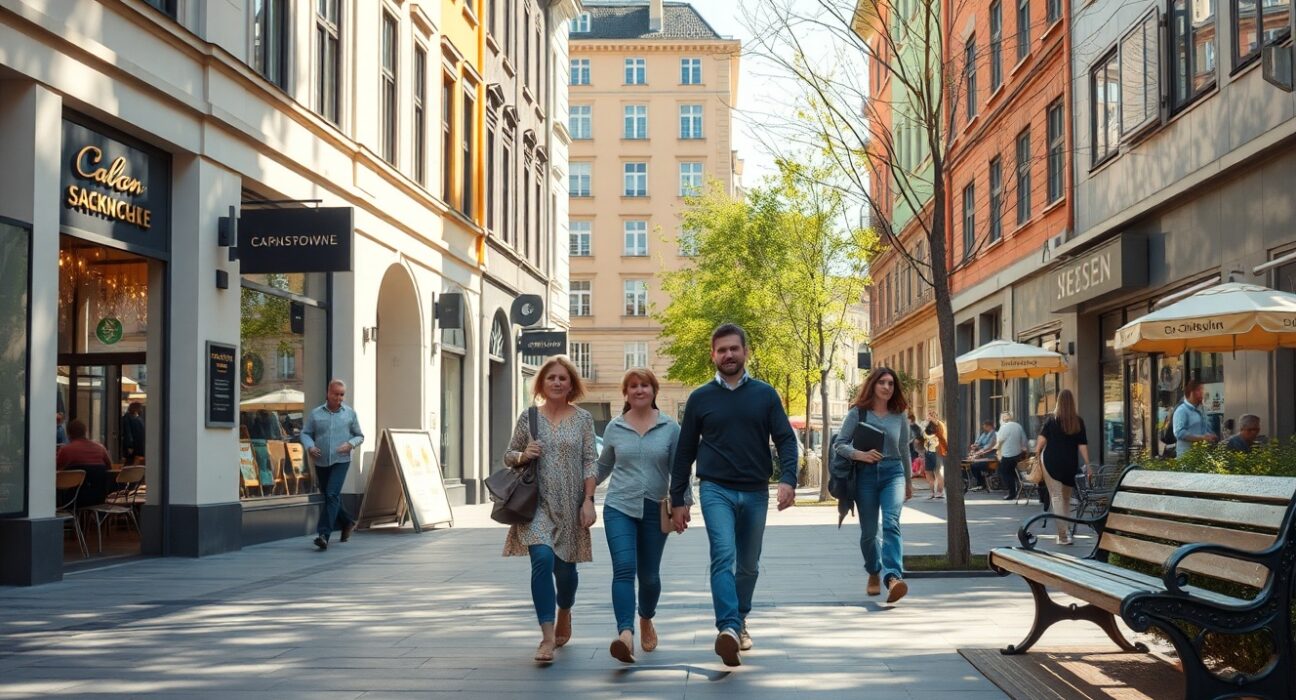 People walking on a sunny street in Stockholm, Sweden, reflecting improved consumer sentiment in July 2024.