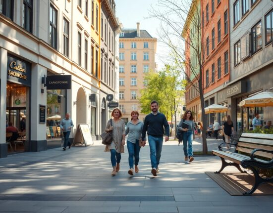 People walking on a sunny street in Stockholm, Sweden, reflecting improved consumer sentiment in July 2024.