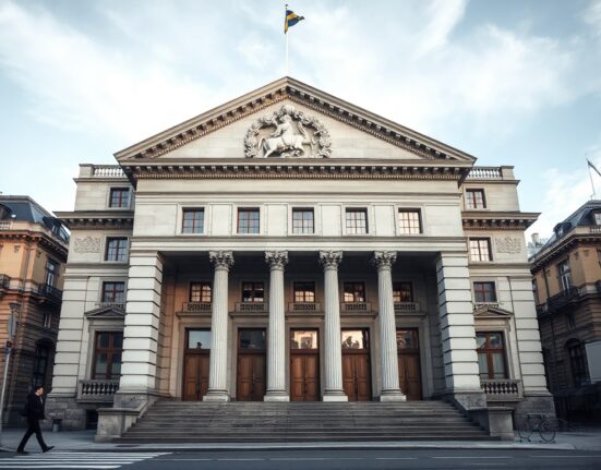Riksbank building in Stockholm on a clear day, representing Sweden's central bank and inflation data.