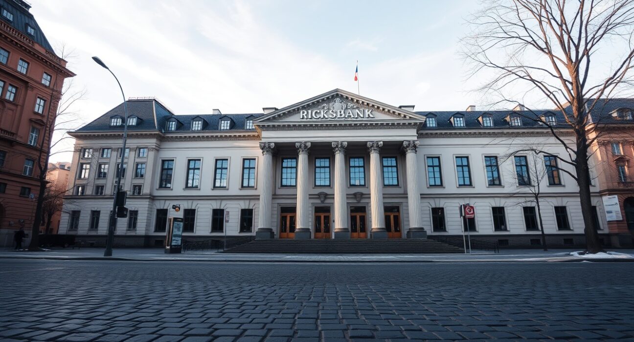 Riksbank building in Stockholm on a clear winter day, representing Sweden's central bank and economic policy.