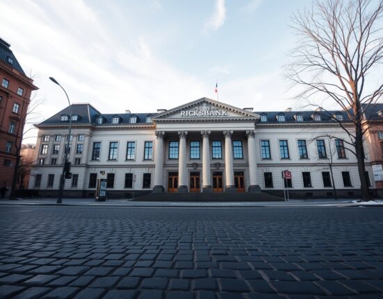 Riksbank building in Stockholm on a clear winter day, representing Sweden's central bank and economic policy.