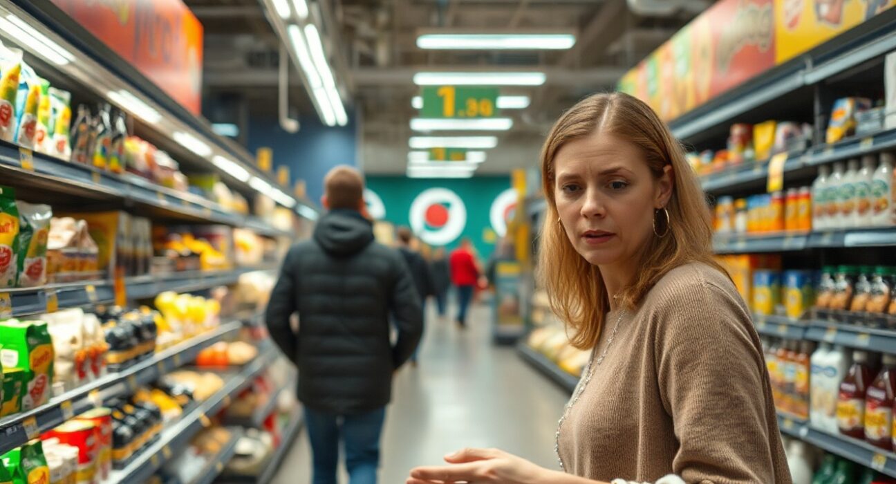 Swedish shopper looking at higher prices in a grocery store, reflecting inflation pressure.