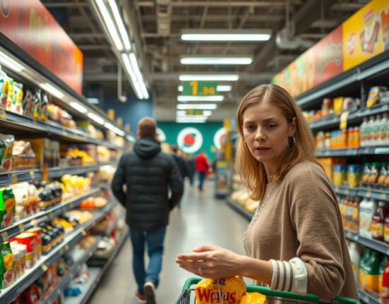 Swedish shopper looking at higher prices in a grocery store, reflecting inflation pressure.