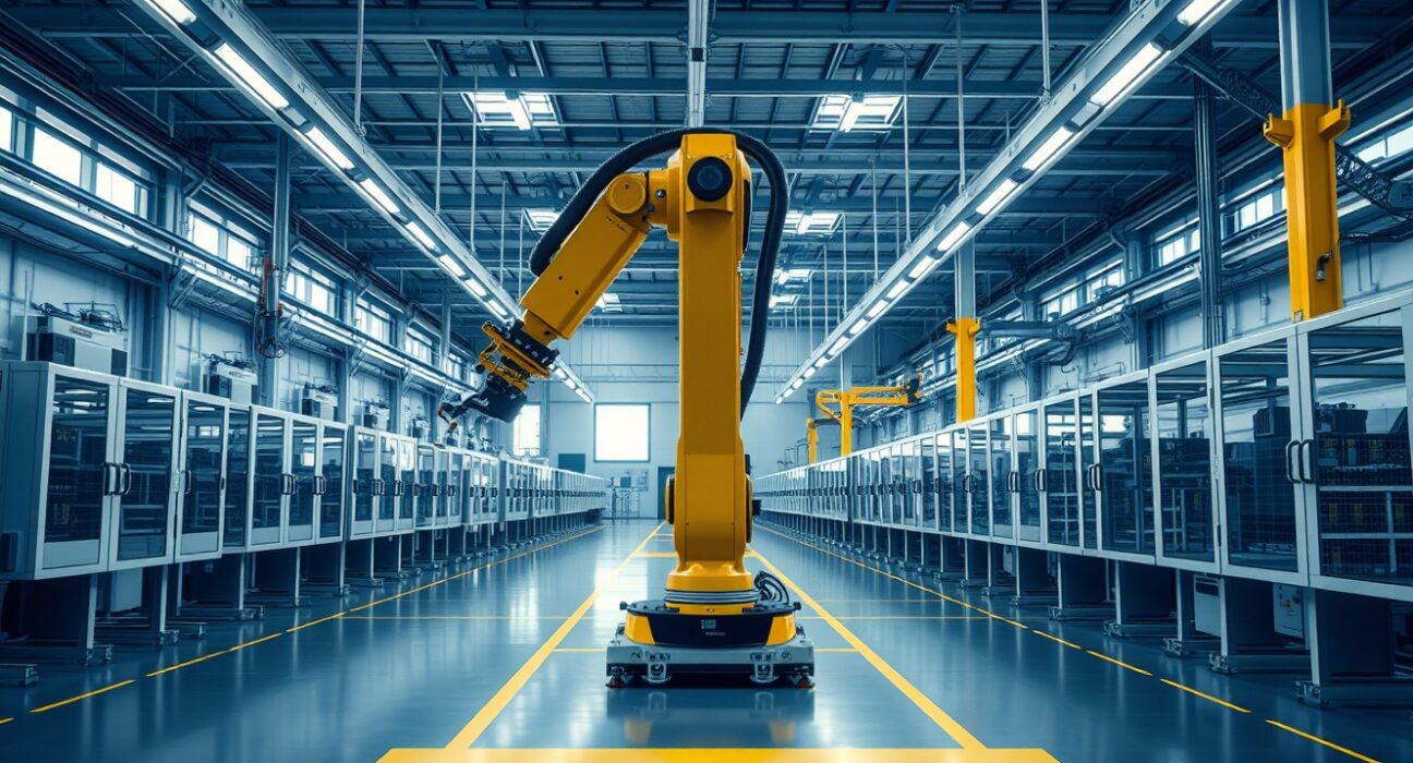 Interior of a modern Swedish manufacturing facility with automated machinery and robotic arms.