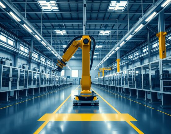 Interior of a modern Swedish manufacturing facility with automated machinery and robotic arms.