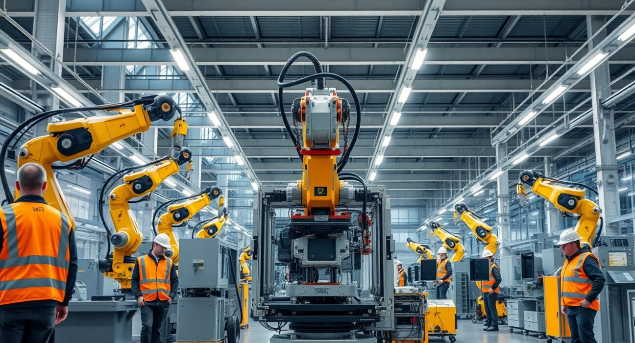 Interior of a modern Swedish manufacturing facility with robotic assembly arms and workers in safety gear