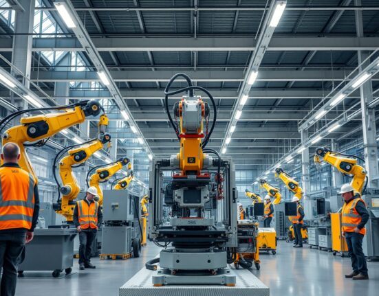 Interior of a modern Swedish manufacturing facility with robotic assembly arms and workers in safety gear