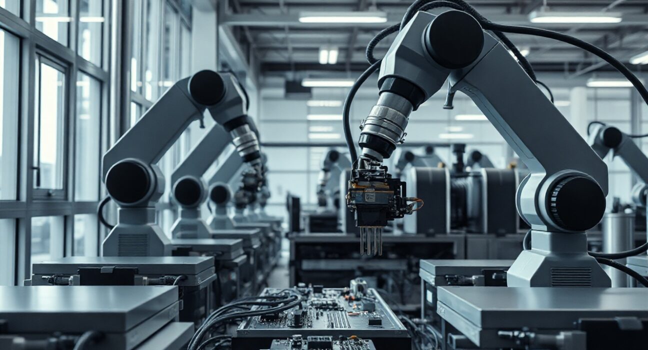Modern Swedish factory floor with robotic assembly arms in bright, clean lighting
