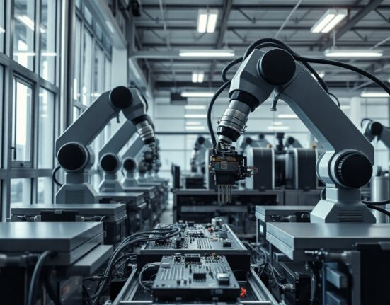 Modern Swedish factory floor with robotic assembly arms in bright, clean lighting