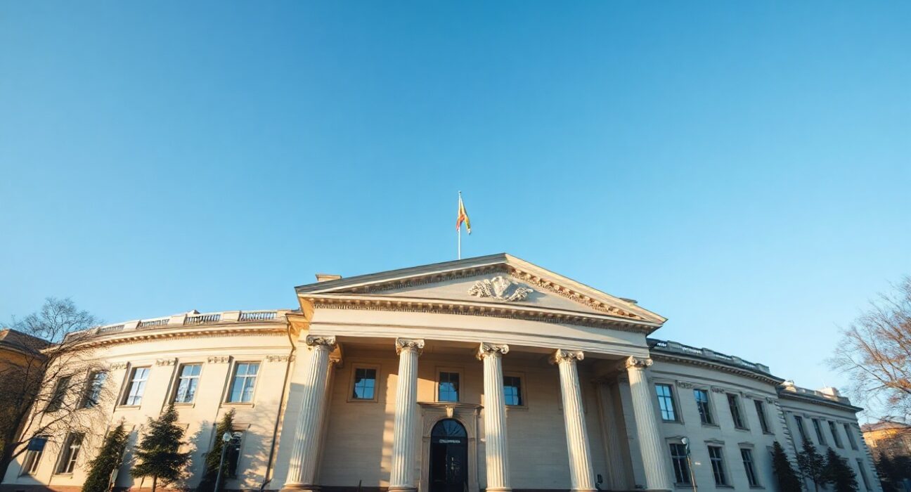 Riksbank building in Stockholm, Sweden, under a clear sky, symbolizing monetary policy decisions.