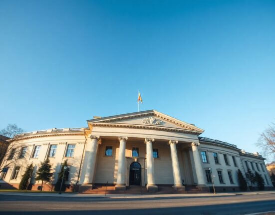 Riksbank building in Stockholm, Sweden, under a clear sky, symbolizing monetary policy decisions.