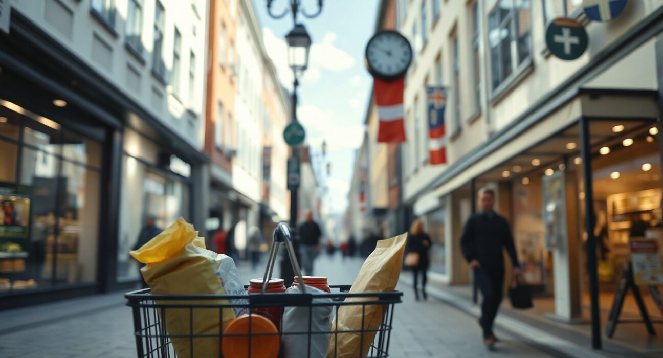 Swedish krona coins and a shopping basket with groceries, symbolizing consumer prices and inflation.