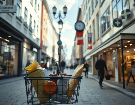 Swedish krona coins and a shopping basket with groceries, symbolizing consumer prices and inflation.