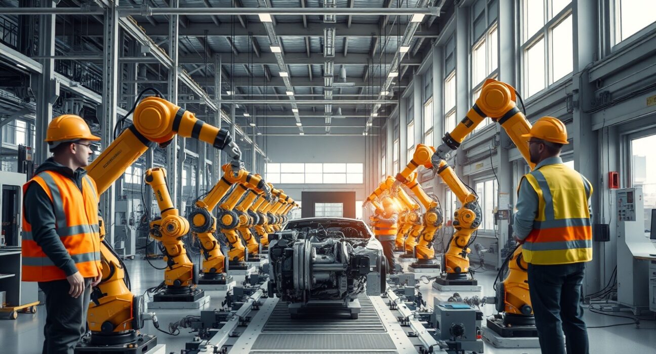 Swedish manufacturing production line with workers and robotic arms in a modern factory