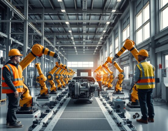 Swedish manufacturing production line with workers and robotic arms in a modern factory