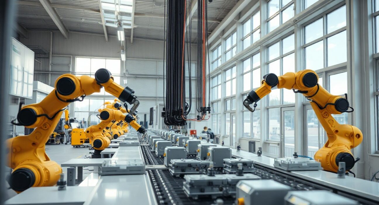 Automated robotic arms on a modern Swedish manufacturing production line