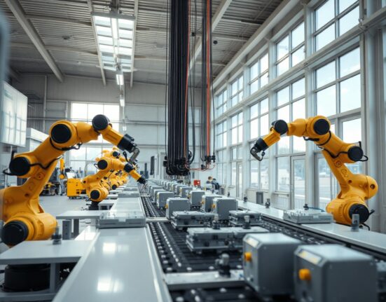 Automated robotic arms on a modern Swedish manufacturing production line