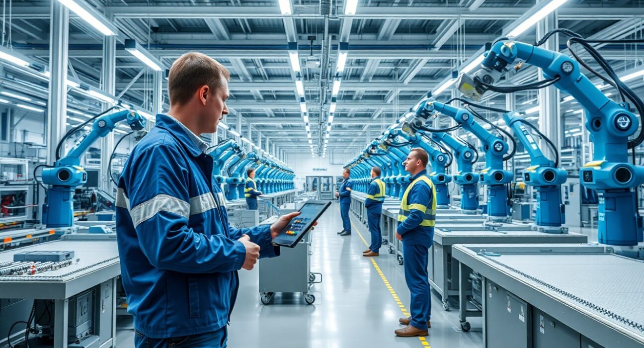 Inside a modern Swedish manufacturing plant with workers and robotic assembly lines under bright industrial lighting