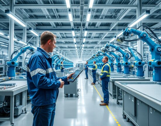 Inside a modern Swedish manufacturing plant with workers and robotic assembly lines under bright industrial lighting