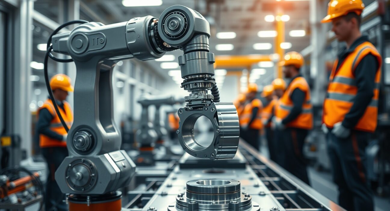 Modern Swedish manufacturing facility with robotic arms and workers in safety gear