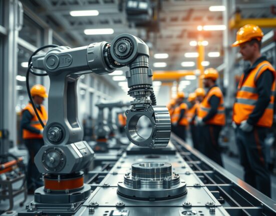 Modern Swedish manufacturing facility with robotic arms and workers in safety gear