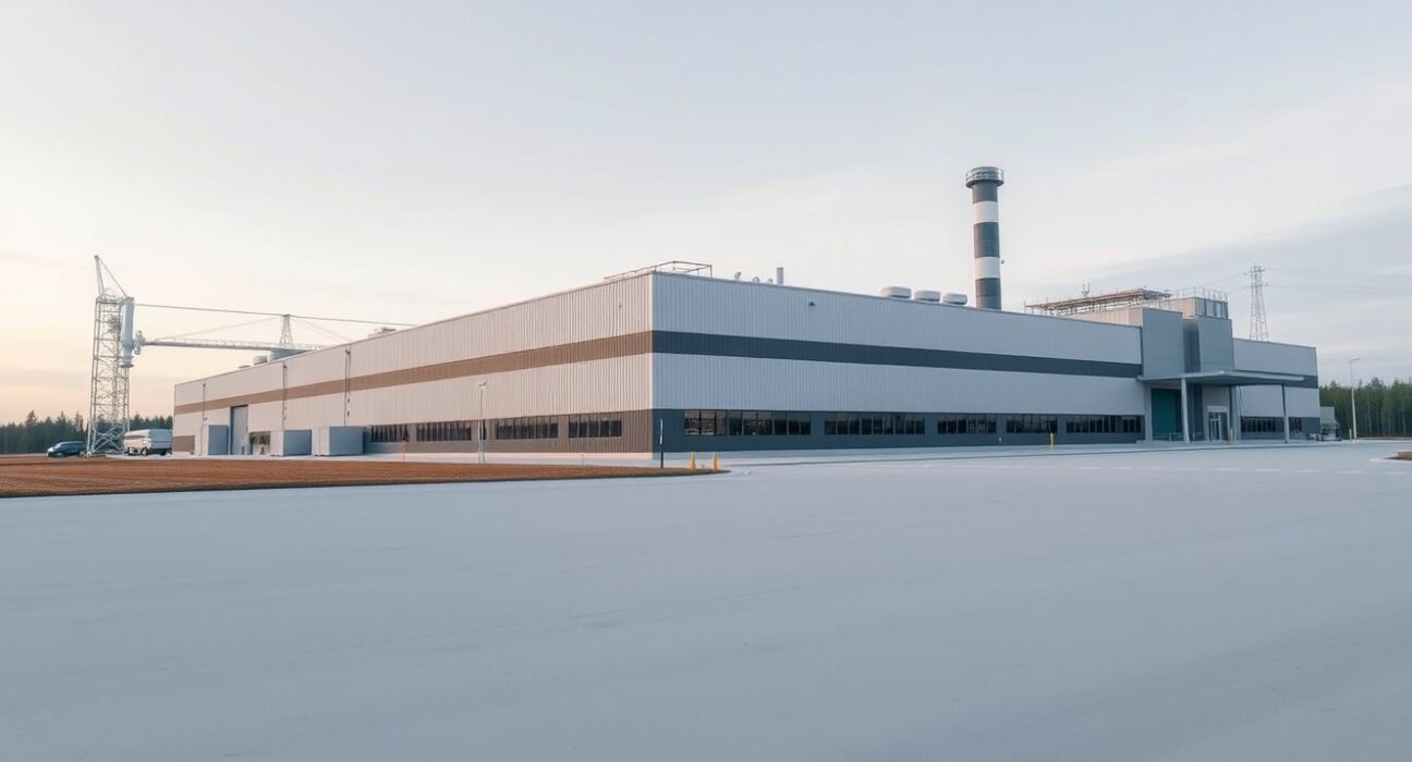 Exterior view of a modern industrial factory in Sweden under a clear sky.