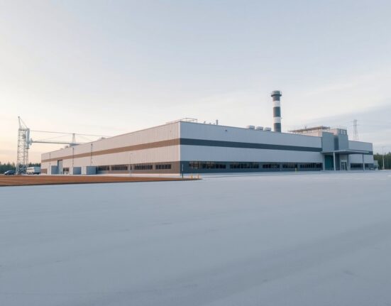 Exterior view of a modern industrial factory in Sweden under a clear sky.