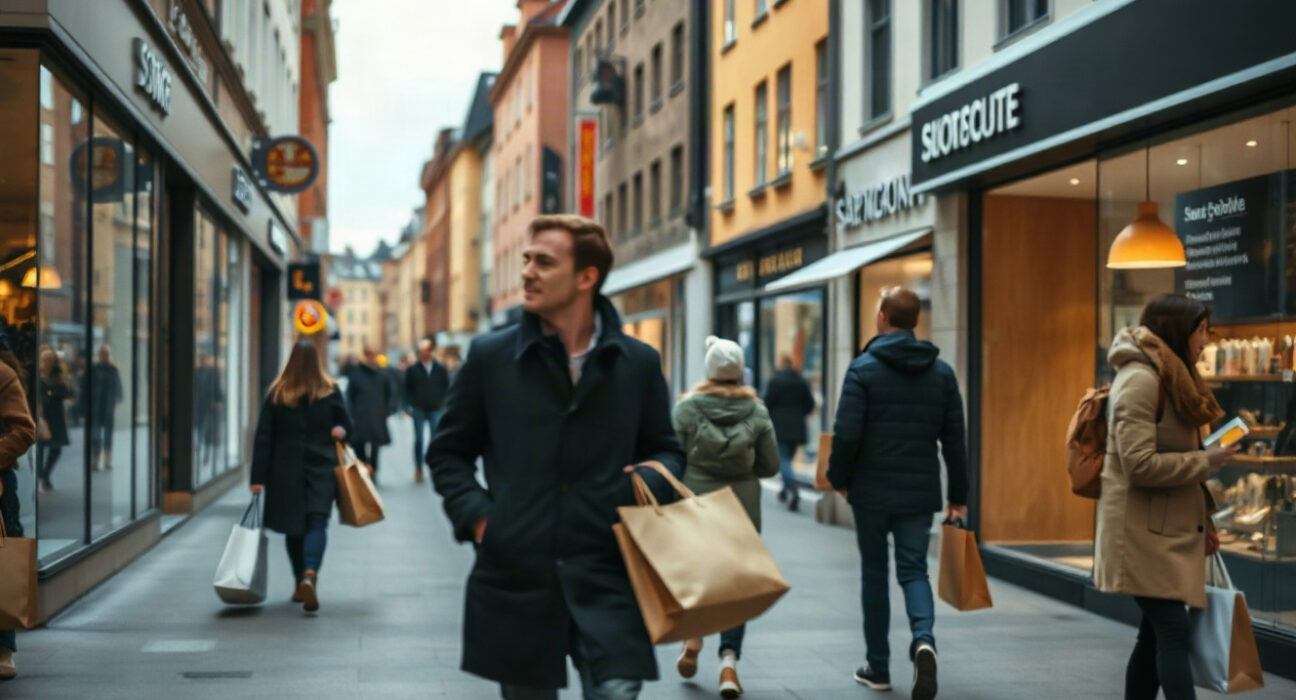 Shoppers on a Stockholm street with retail stores, illustrating Sweden's retail sales report.