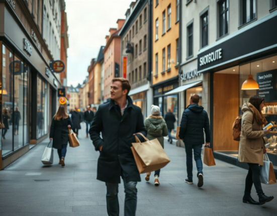 Shoppers on a Stockholm street with retail stores, illustrating Sweden's retail sales report.