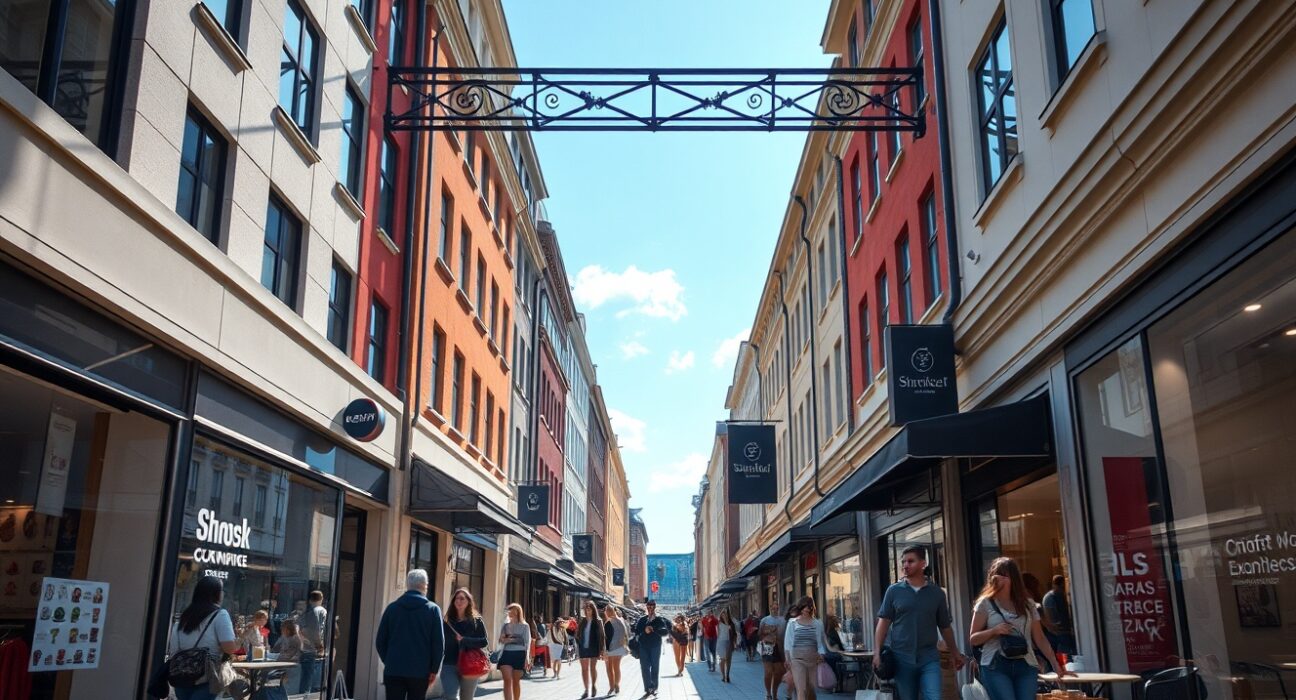Shoppers on a sunny street in Stockholm, Sweden, reflecting increased retail activity.