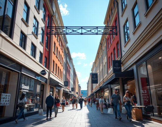 Shoppers on a sunny street in Stockholm, Sweden, reflecting increased retail activity.