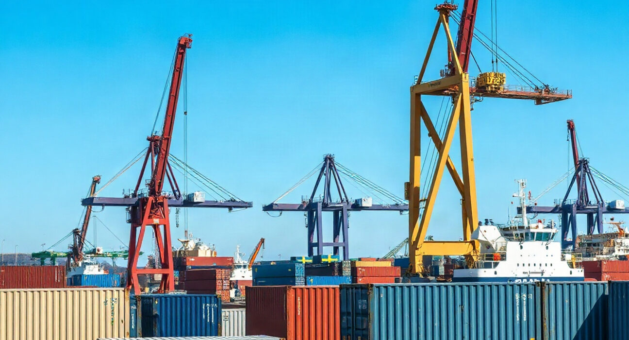 Container ships and cranes at the Port of Gothenburg, Sweden, representing the country's trade activity.