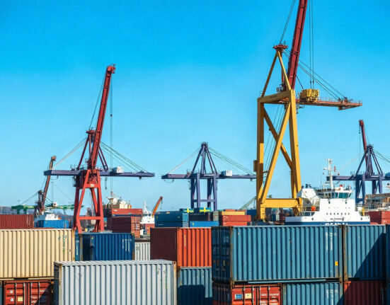 Container ships and cranes at the Port of Gothenburg, Sweden, representing the country's trade activity.