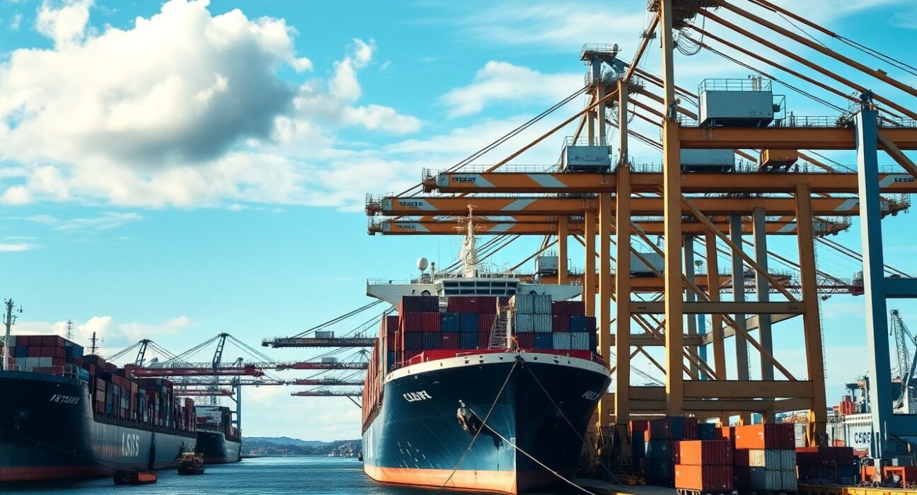 Busy container port in Sweden with cargo ships and cranes on a sunny day.