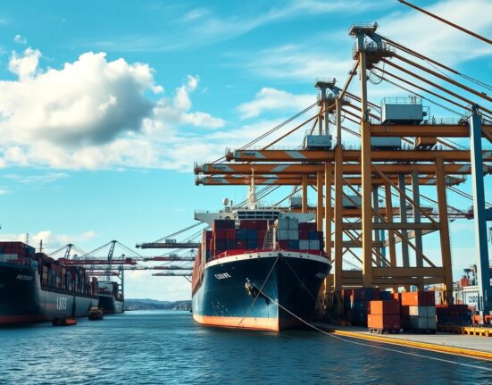 Busy container port in Sweden with cargo ships and cranes on a sunny day.