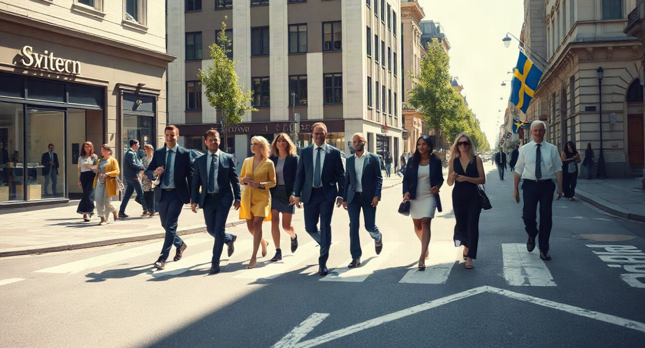 People walking in a Swedish city street in July, reflecting labor market activity.